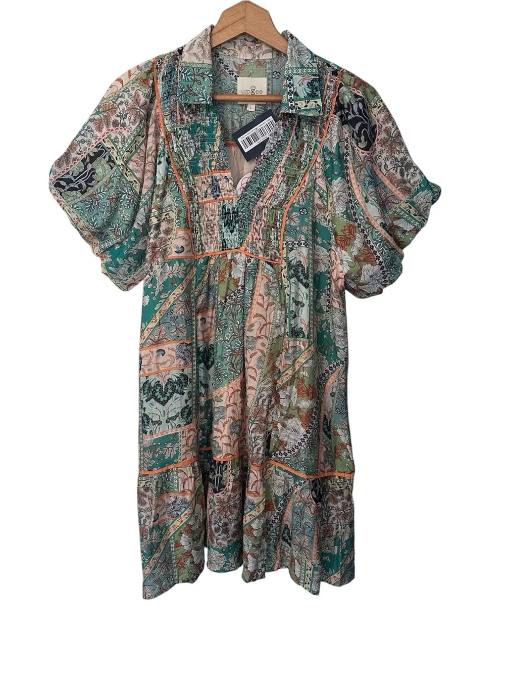 Umgee Boho Floral Patchwork Shift Dress Green Mix NWT Large